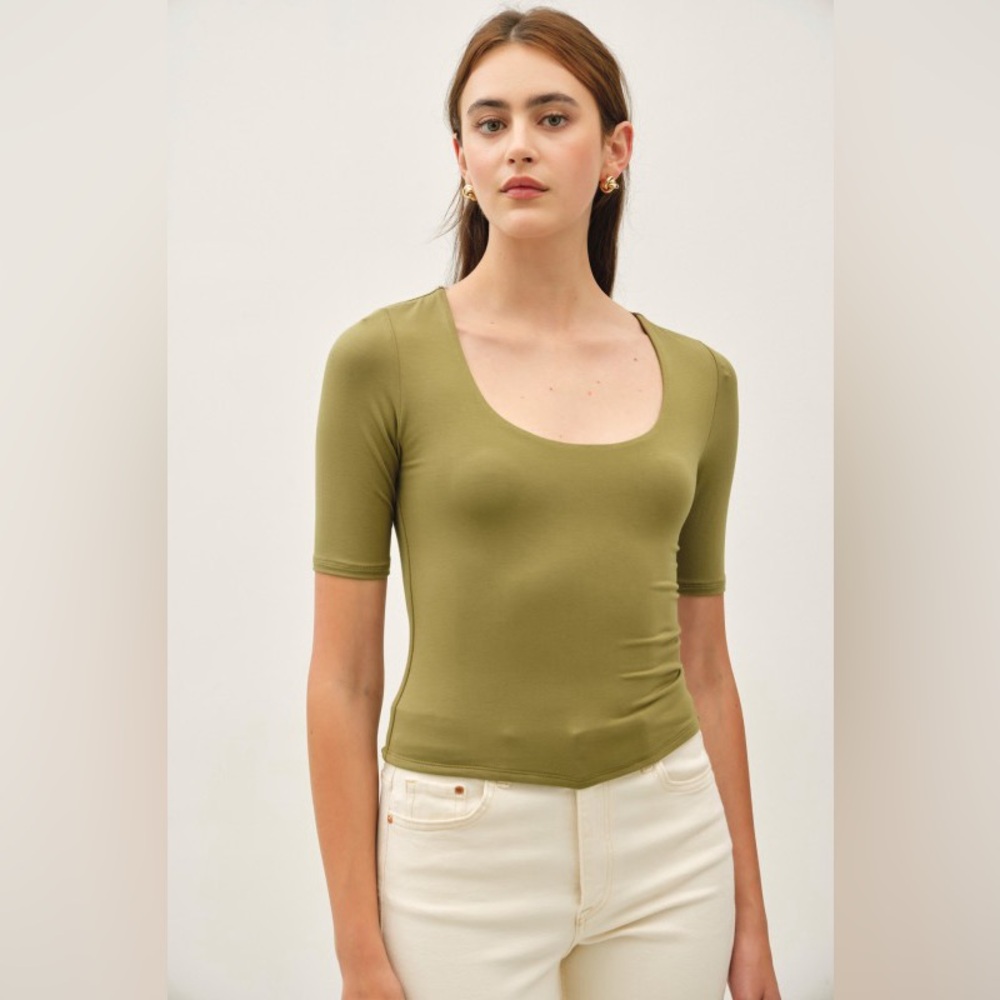 402B-OLIVE. Soft Double Layered Short Sleeve Top